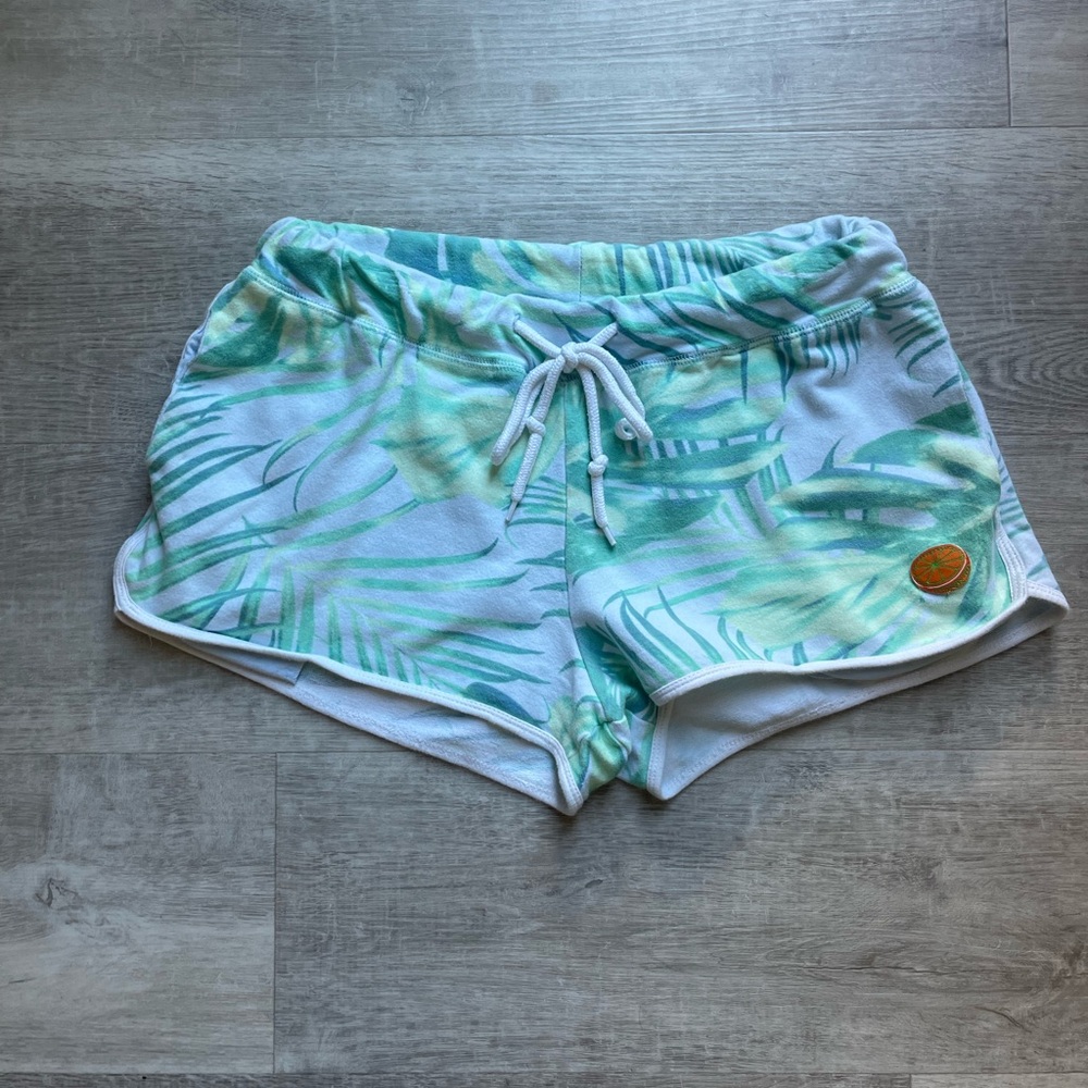 Vitamin Sea Palm Leaves Print Drawstring Elastic Waist Shorts M Green Dusty Blue